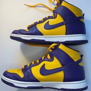 Nike Dunk High Retro style, Yellow & Purple High-Top Sneakers for Lakers Fans!